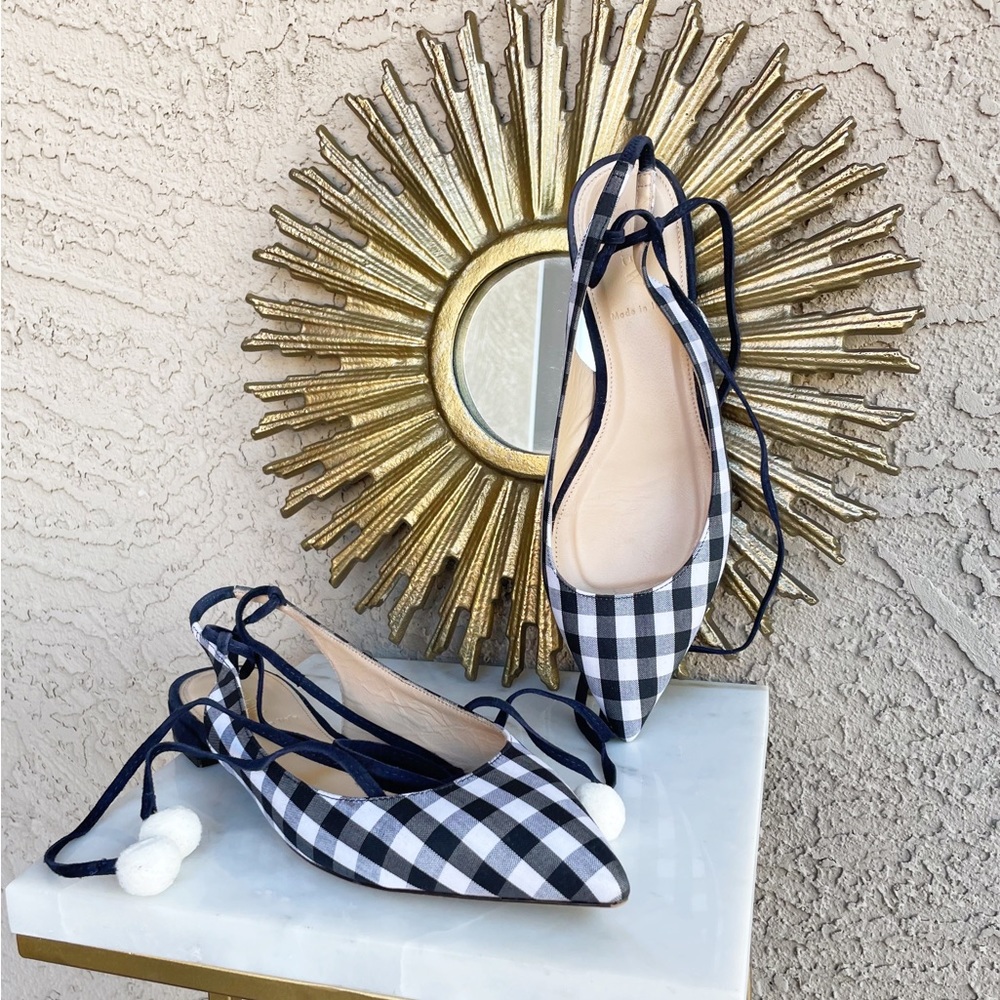J. CREW Navy Blue & White Gingham Checkered Plaid Pointy Toe Pom Pom Wrap Flats
